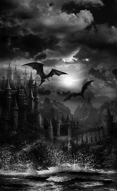 a black and white image of a castle with bats flying over it in the sky