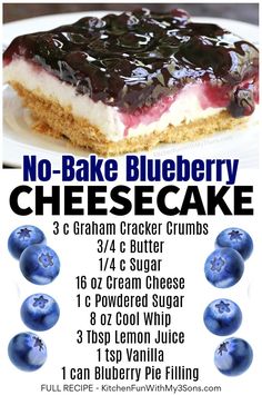 no bake blueberry cheesecake recipe on a white plate with text overlay