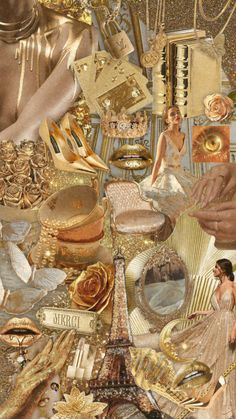 a collage of gold and white items including shoes, jewelry, and other things