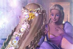 a girl with long hair and flowers on her head is looking at herself in the mirror