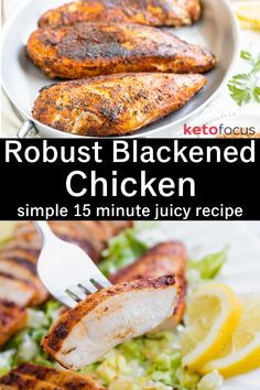 A fork with a slice of juicy chicken breast on it. A skillet with charred blackened chicken on it. Blackened Chicken Recipe, Blackened Chicken, Chicken Recipes Video, Quick Cooking, Keto Recipes Easy, Easy Chicken, Vegetarian Dishes