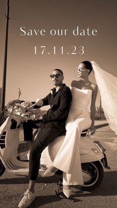 a man and woman sitting on a scooter with the caption save our date