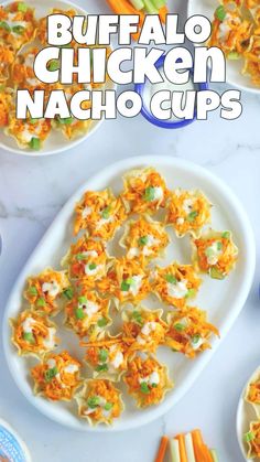 buffalo chicken nacho cups on a white plate with carrots and celery