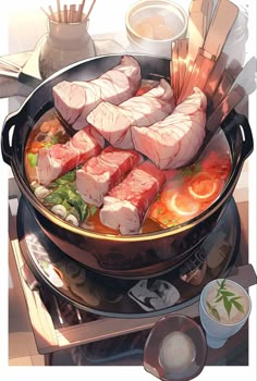 a pan filled with meats and vegetables on top of a stove next to chopsticks