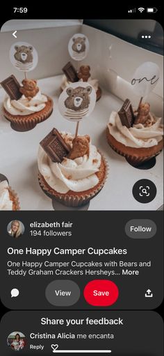 an iphone screen showing cupcakes with chocolate and cream toppings on them, including one happy camper cupcakes