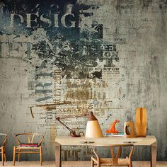 an old wall has been decorated with different types of furniture and decor items on it