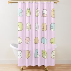 a shower curtain with cats on it in pastel pink and yellow colors, all over