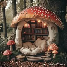 a mushroom like house in the woods with bookshelves and mushrooms