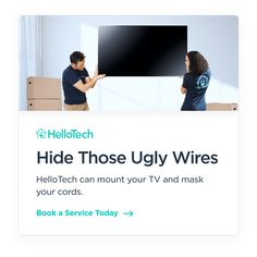 two people standing next to each other in front of a black screen with the words hide those ugly wires on it