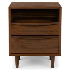 a wooden nightstand with two drawers on one side and an open drawer on the other