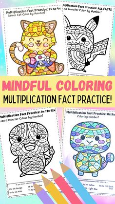 four colorful coloring pages with the words mindful coloring and an image of a cat