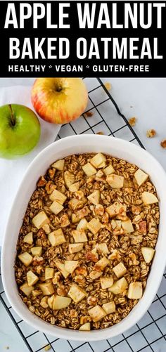 an apple walnut baked oatmeal in a white bowl on a cooling rack