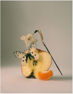 an apple cut in half with butterflies on it and one slice removed from the fruit