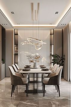 an elegant dining room with marble flooring and walls, along with modern lighting fixtures