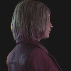 a woman with blonde hair wearing a leather jacket and looking off to the side in front of a black background