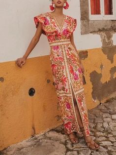 Midi Dress Elegant, Loose Clothing, Printed Halter Dress, Split Maxi Dress, A Line Dresses, Weave Style, Loose Outfit, Butterfly Sleeves, Hip Dress