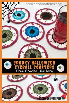 Free Eyeball Coasters Crochet Pattern - Spooky Halloween coasters by Hooked On Patterns. Easy to make and fun to gift! #Crochet #FreeCrochetPatterns #Halloween #Coasters #Crafts #Spooky #Eyeball Halloween Coasters, Coasters Crochet, Crocheting Projects, Halloween Eyeballs, Crochet Coaster Pattern, Gift Crochet, Kitchen Things