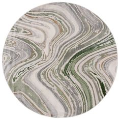 a round rug with an abstract design in green, white and grey colors on it