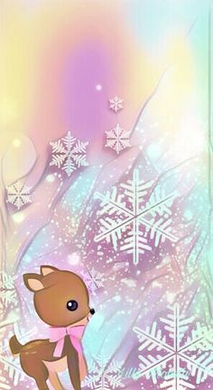 a cute little deer standing in front of some snowflakes and ice flakes