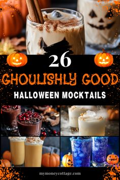 halloween drinks with pumpkins and sprinkles on the side, including milkshakes