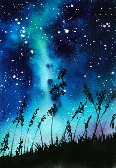 a painting of the night sky with stars and grass in foreground, watercolor on paper