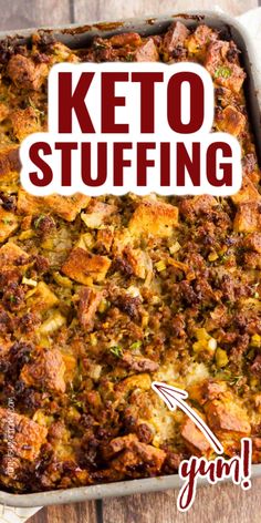 keto stuffing in a casserole dish with text overlay that reads, keto stuffing