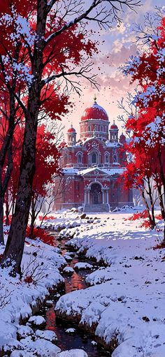 a painting of a snowy landscape with red trees and a building in the background,