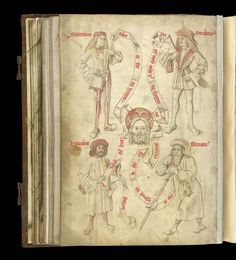 an old book with pictures of people and symbols on the pages, all in red