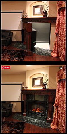 two pictures of a living room with a fireplace and curtains on the windowsills