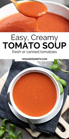 creamy tomato soup in a white bowl with a spoon