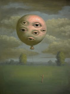 an image of a surreal painting with two eyes and a balloon in the sky above it