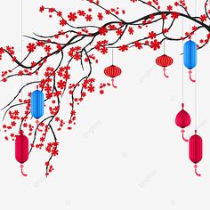 red and blue lanterns hanging from the branches of a tree with cherry blossoms on it