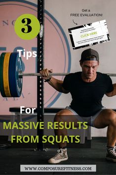 a man squats on a barbell with the title 8 tips for massive results from squats