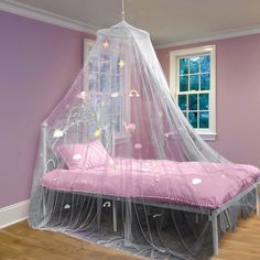 a bed with a mosquito net on top of it in a room that has purple walls and hardwood floors