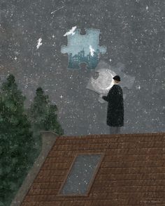 a man holding an umbrella standing on top of a roof in the snow next to a puzzle piece