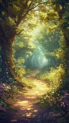 a painting of a path in the middle of a forest with lots of trees and flowers