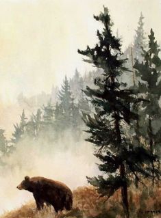 a painting of a bear standing in the grass next to some trees and foggy sky