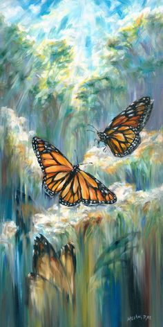 two monarch butterflies flying in the air above water