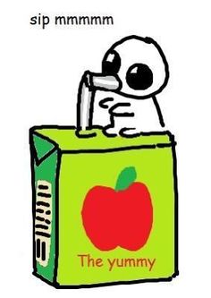 an apple in a box with the words sip mmmmmm on it and a cartoon character holding a knife