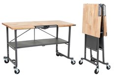 two folding tables with wheels and a cutting board on each side, one is open