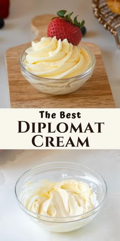 the best diplomat cream piped in a bowl with strawberries and in a large bowl. Filling For Cream Puffs, Diplomat Cream Recipe, Stabilized Whipped Cream