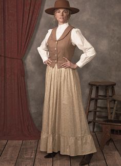 New for 2023! Your Choice / uPick / You Pick: circa 1880's Misses Western Historical Period Costume Sewing Patterns (see my other sales for the two corresponding Men's patterns) M8397 - BLOUSE & DAY SKIRT - Top is darted in the front and has princess seams in back. Three-quarter sleeves are trimmed with lace and ribbon bow. Top buttons at the front, is boned at the sides and back, and has lace trim at the neck and collar. Long A-line skirt has rows of eyelet and ribbon trims. The skirt and bustl Margaret Dutton, Old Western Outfits Women, Wild West Costumes, Wild West Outfits, Wild West Cowgirl, Riding Skirt, Long A Line Skirt, Western Wild, Costume Sewing