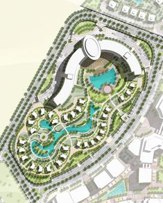 an aerial view of the resort and its surrounding area, with swimming pool in the middle