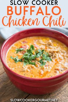 slow cooker buffalo chicken chili in a red bowl