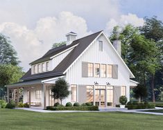 this is an artist's rendering of a farmhouse style house with large windows and lots of greenery