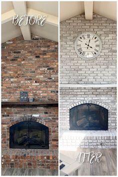 before and after pictures of a brick fireplace