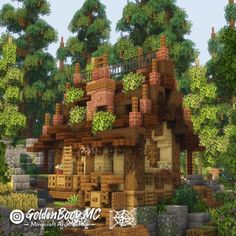 an image of a house made out of wood and bricks in the woods with lots of greenery