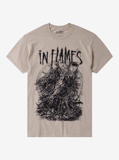 a t - shirt with the words in flames on it, and an image of a demon