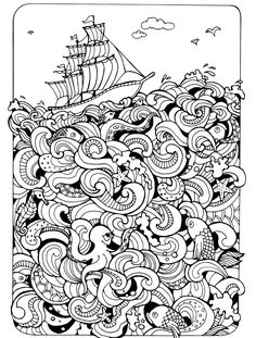 a black and white drawing of a ship in the ocean with lots of doodles