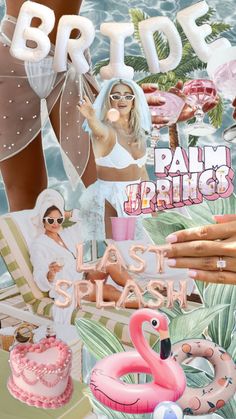 a collage of photos with the words bride, palm springs and flamingos on it